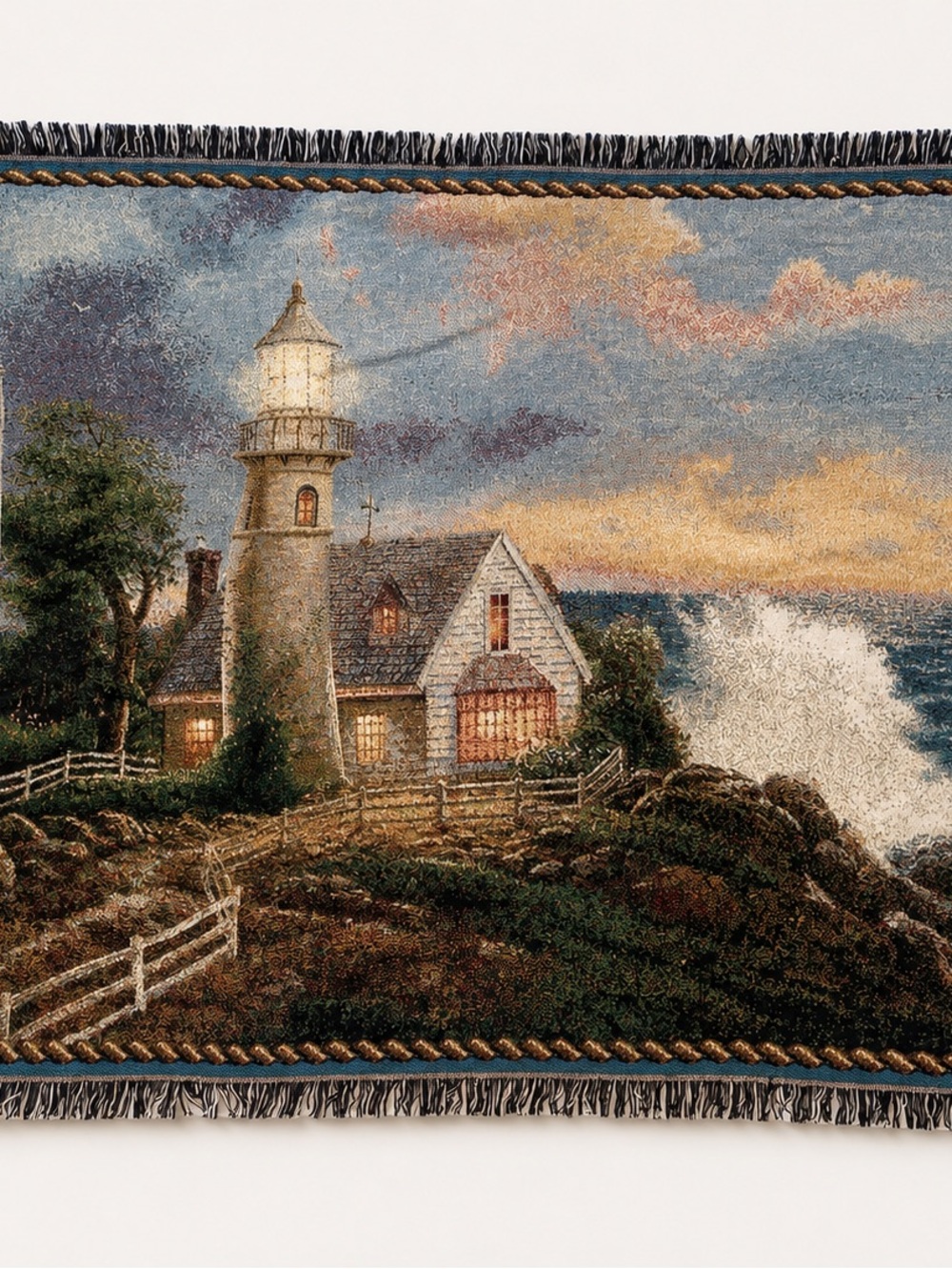 Thomas Kinkade Seaside Lighthouse Woven Tapestry Throw Blanket Wall Hanging Deco